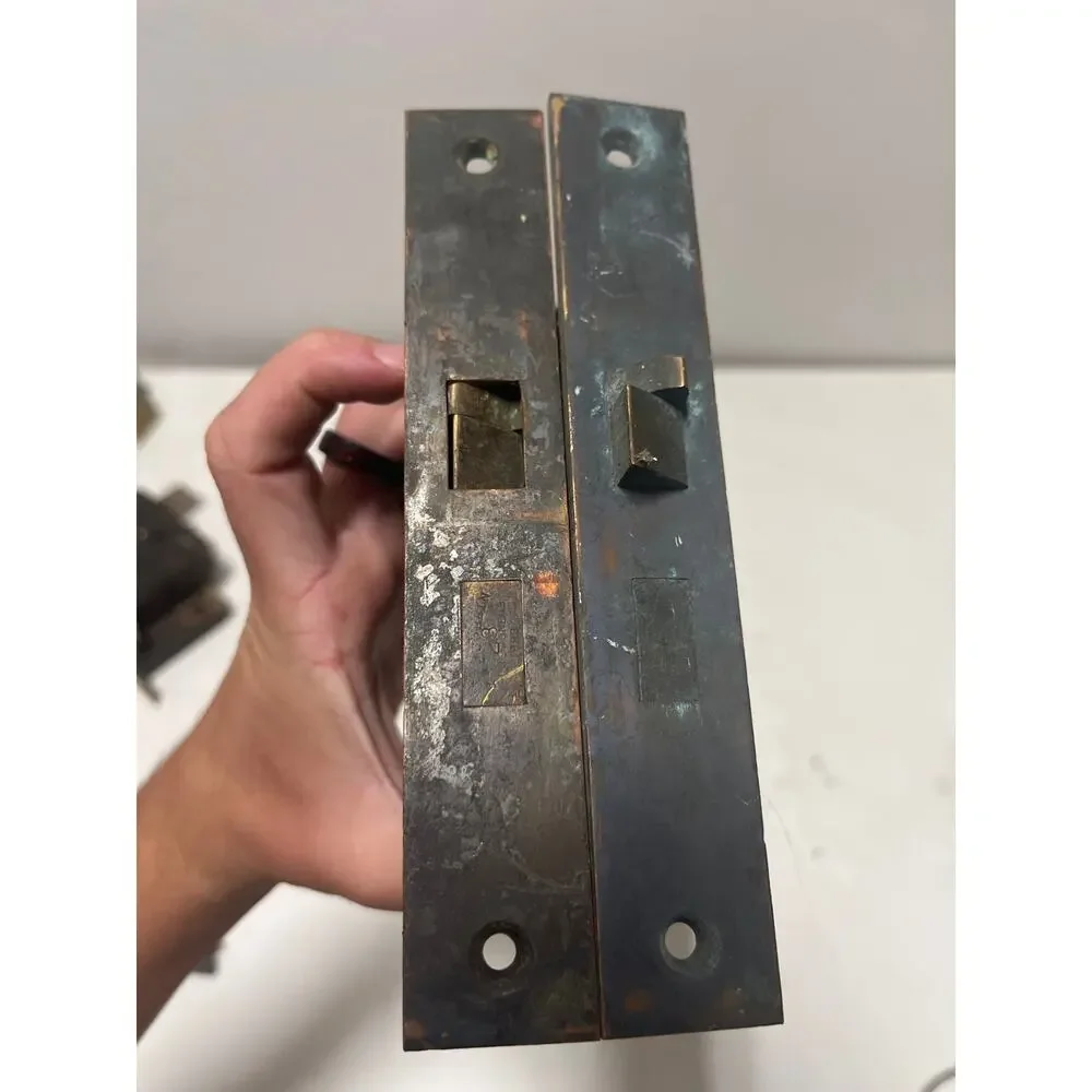 Pair set of 2 Antique Corbin ornate Mortise Lock Box Cast Iron art deco USA